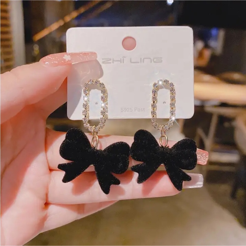Gold Filled CZ Black Bow Earrings